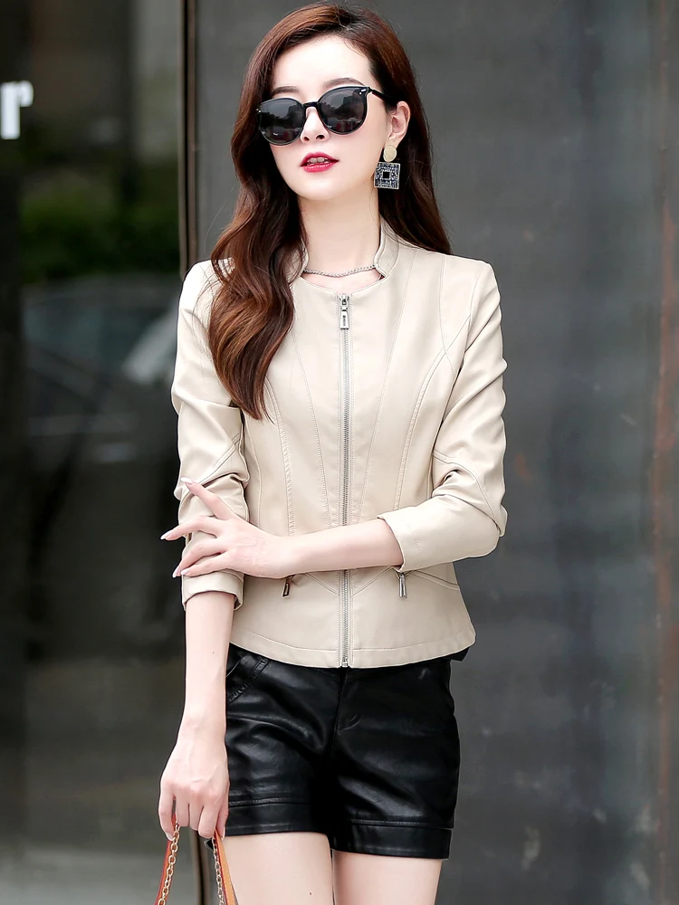 2023 Spring Autumn New Women Genuine Leather Jacket Female Short Korean Slim Sheep Leather Coat Trendy Stand Collar Outerwear