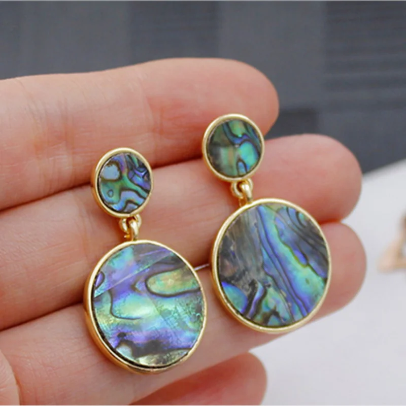 Natural Round Paua Abalone Shell Beads Stud Post Piereced Dangle Earrings Gold  Big Fashion Earrings