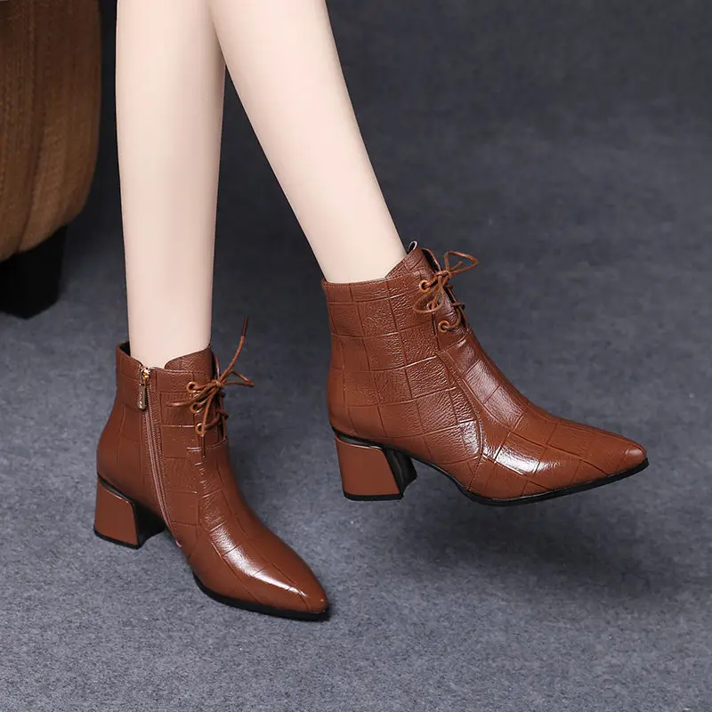 FHC Women Short Boots,Soft Ankle Botas,Autumn/Winter Shoes,Pointed toe,Thick Heel,Side Zip,Front Laces.Black,Brown,Dropshipping