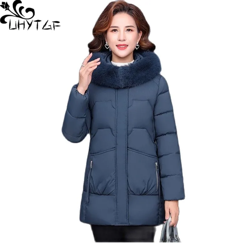 

UHYTGF Women Winter Jacket Quality Down Cotton Hooded Cold Protection Warm Mother Coat Casual Female 5XLPlus Size Outerwear 2296