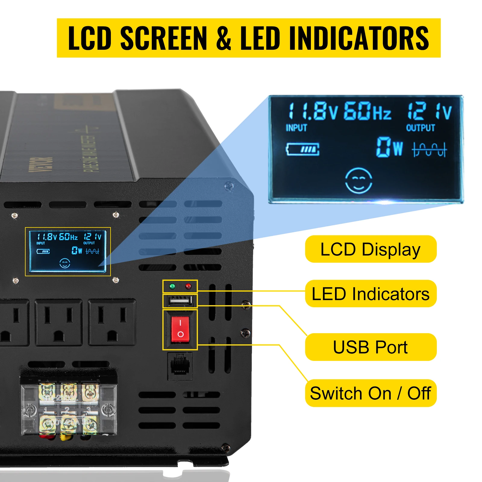 Imagem -04 - Vevor Puro Onda Senoidal Inversor de Energia 12v dc para 120v ac Liga de Alumínio Tela Lcd & Indicadores Led para Alimentar Moedor Ventilador Portátil