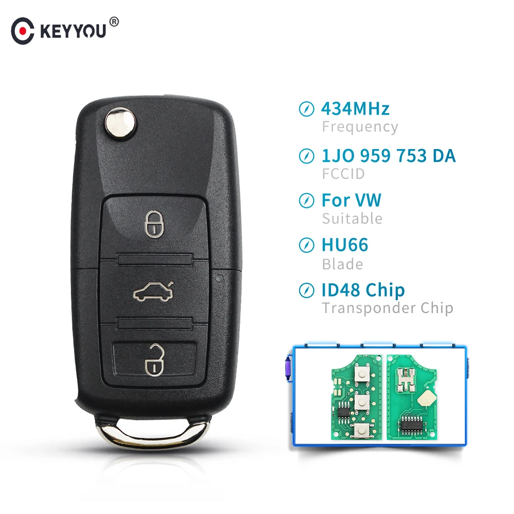 KEYYOU 3 pulsanti Flip pieghevole Smart Remote Car Key Fob per VW Volkswagen PASSAT Polo Skoda Seat 434Mhz con ID48