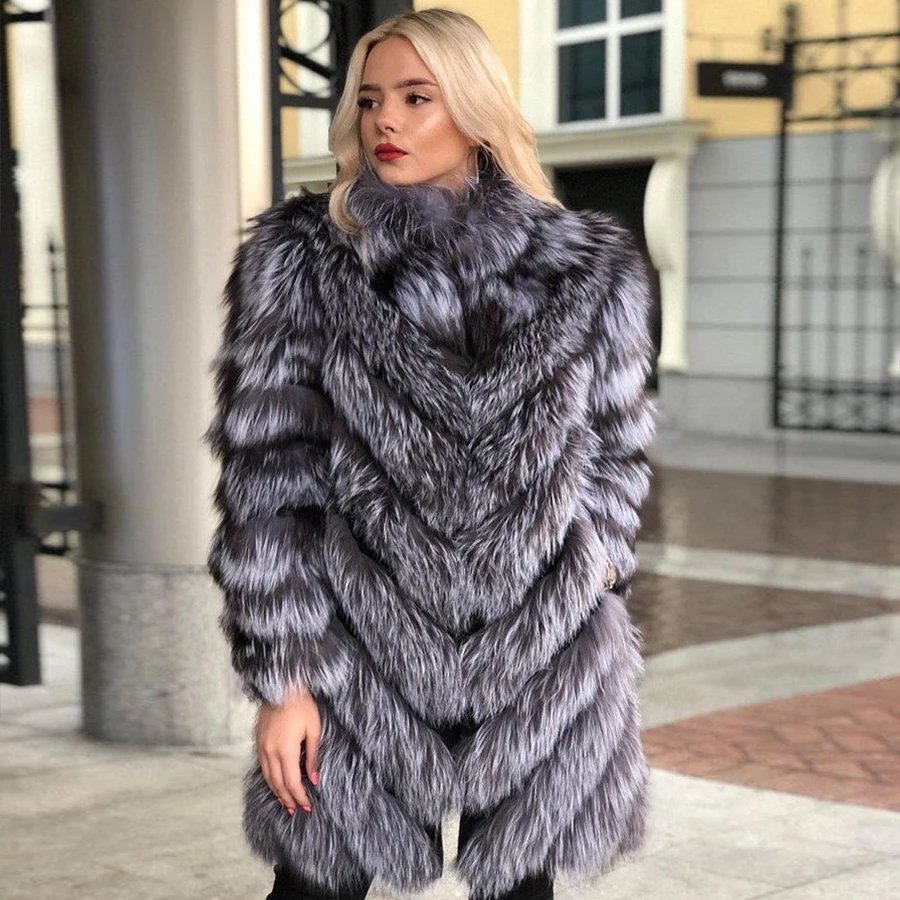 

Real Silver Fox Fur Coat For Women Winter Fashion Fox Fur Jacket High Quality Warm Knee-Length Outwear