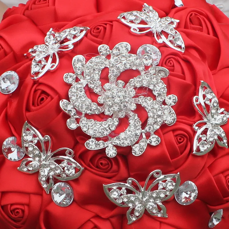 WifeLai-A Handmade Red Artificial Rose Flowers Rhinestone Bride Bridesmaid  Bouquet Diamond Brooch Wedding Bouquet Flower W292