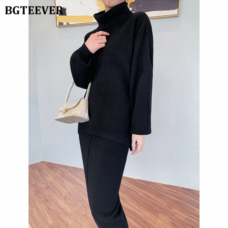 BGTEEVER Elegant Women Thicken Warm Loose 2 Pieces Knitted Set Turtleneck Long Sleeve Sweaters & Pencil Midi Skirts 2021 Autumn