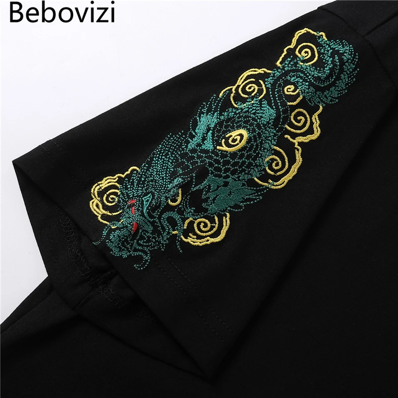 Bebovizi Chinese Style Green Dragon Embroidery Tshirt Men Streetwear Harajuku T-Shirt Summer Japan Black Short Sleeve T Shirt