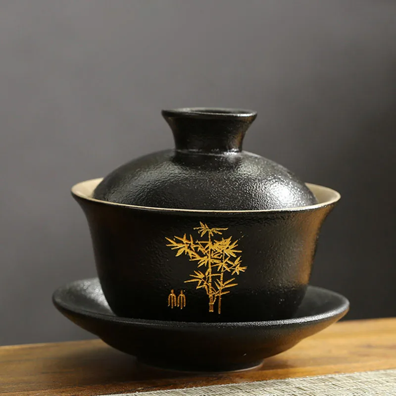 Black Pottery Engraving Gold Outline Sancai Gaiwan Glazed Kungfu Tea Cup Lotus Bamboo Pattern Tea Bowl Teaware Accessories