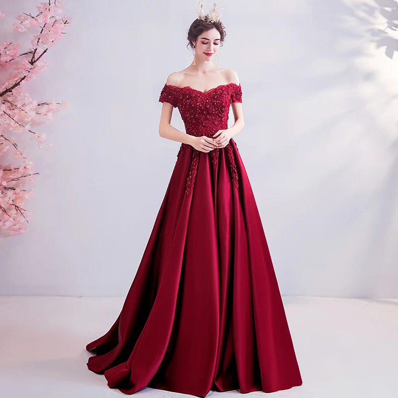 100% Real Pic Elegant Burgundy Evening Dresses 2020 Lace Applique Crystal Satin A Line Off Shoulder Long Prom Gowns Graduation