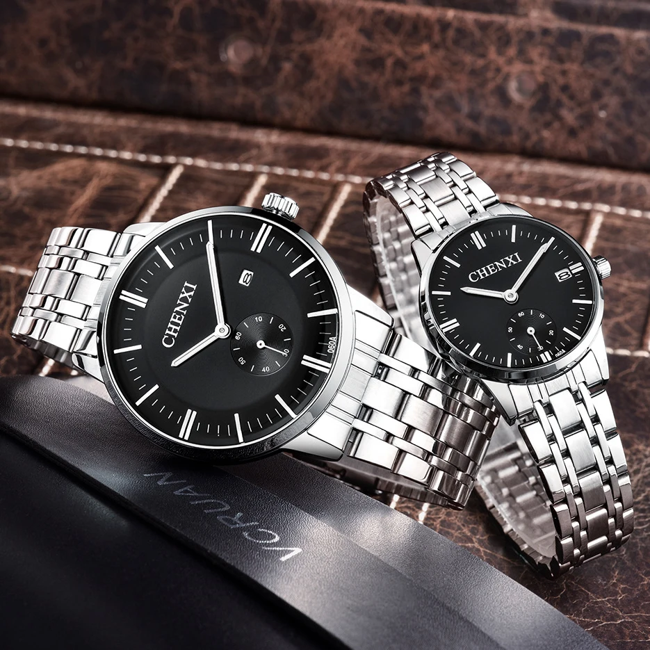 CHENXI Lover's Stainless steel Waterproof Clock Date Wristwatches Women Fashion Quartz Watches For Men Watches Send wife Gift