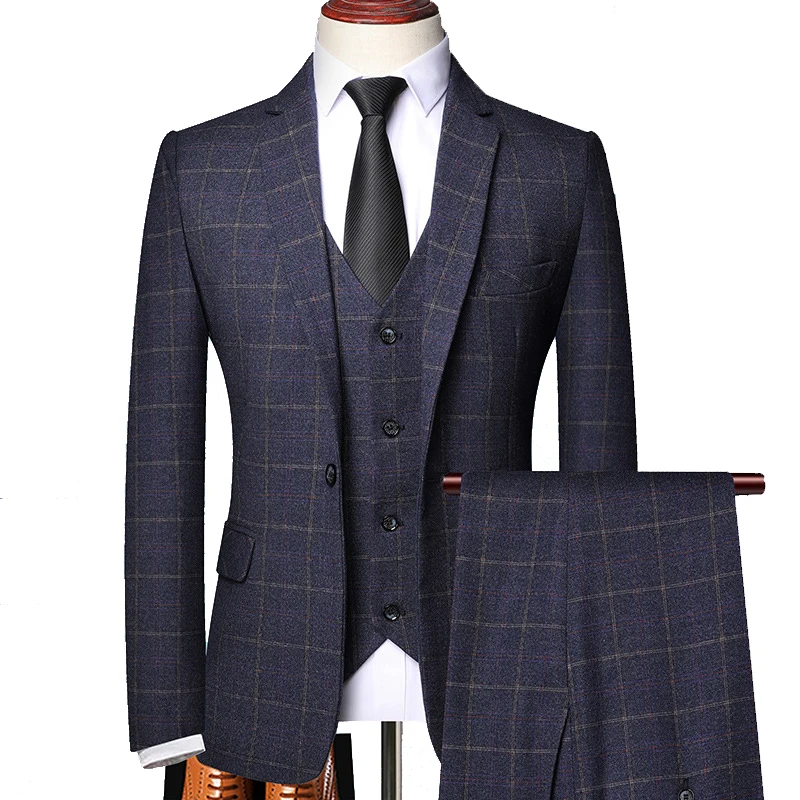 Shenrun Men 3 Pieces Suit Spring Autumn Plaid Slim Fit Business Formal Casual Check Suits Office Work Party Prom Wedding Groom