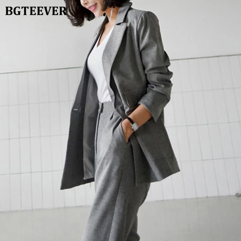 BGTEEVER Two-piece Women Trousers Suits Long sleeve Double Solid Blazer Pants Sets Office Ladies Elegant Pant Suits 2021 Autumn