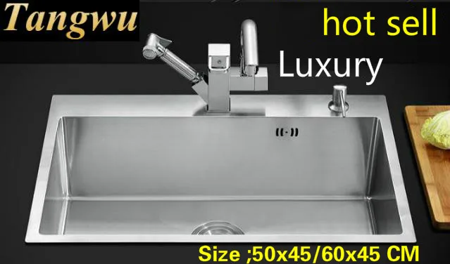 

Free shipping Household standard kitchen manual sink single trough 304 stainless steel hot sell 500x450/600x450 MM