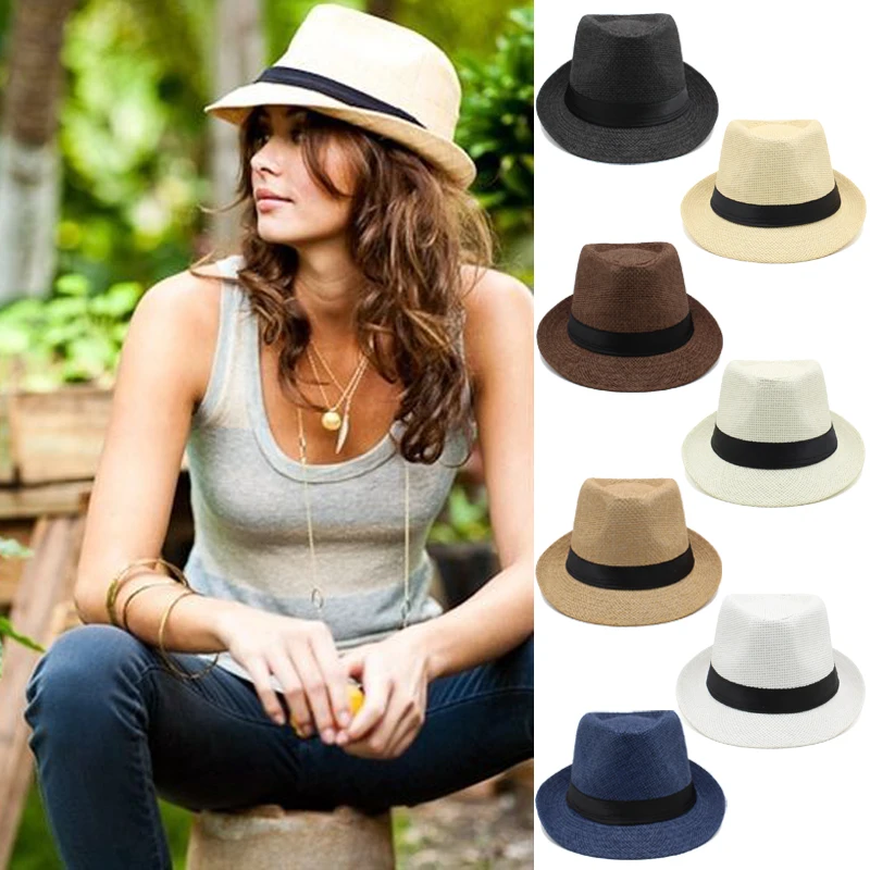 2 Sizes Parent-child Men Women Kids Children Straw Fedora Hats Summer Trilby Sunhat Classical Jazz Caps Beach Outdoor Travel