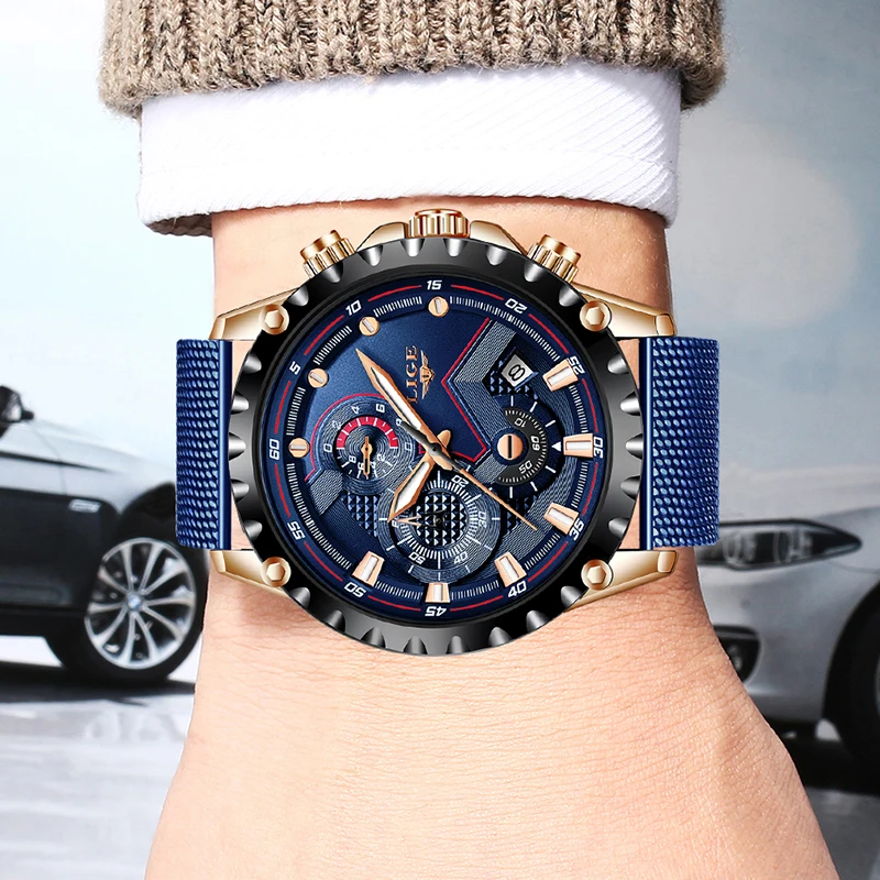 2023 New LIGE Blue Casual Mesh Belt Fashion Quartz Wristwatches Mens Watches Top Brand Luxury Waterproof Clock Relogio Masculino