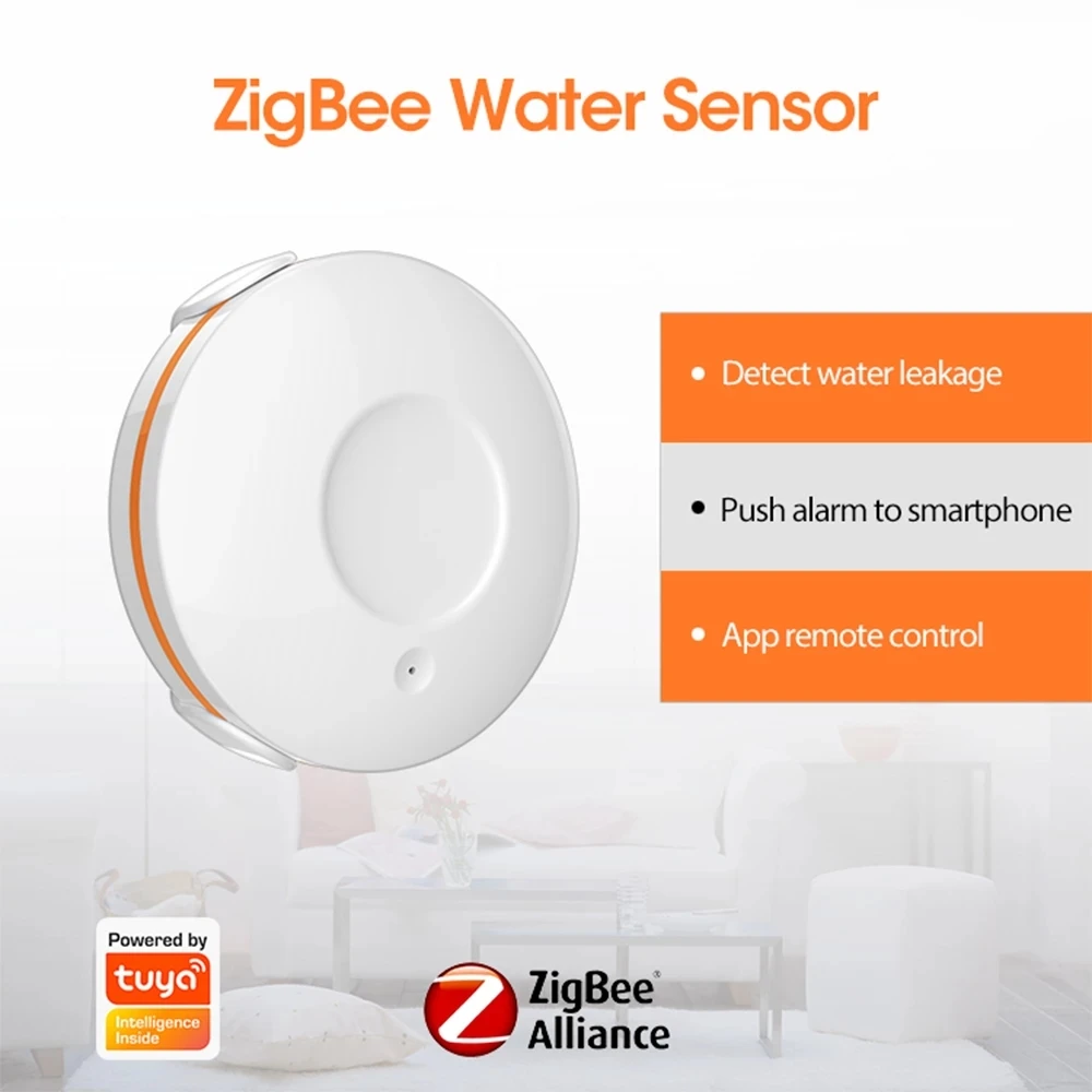 Tuya ZigBee3.0 Water Leakage Detector Built-in batter Flood Sensor Smart Life APP Alarm Notifications Scenario with Smart Valve