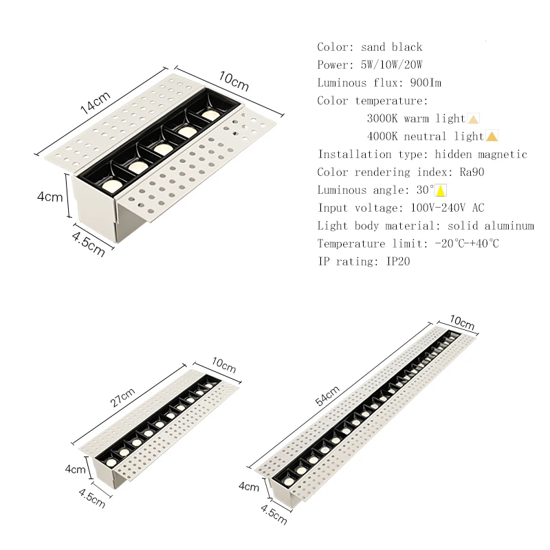 Lámpara de techo LED sin marco, foco lineal magnético empotrado, reflector de tira larga regulable para restaurante, sala de estar, 54cm, 20W