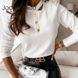 Jocoo Jolee Women Long Sleeve Hollow Out O Neck Knitted T Shirt Vintage Solid Button Slim Blouse Autumn Spring Office Lady Tops