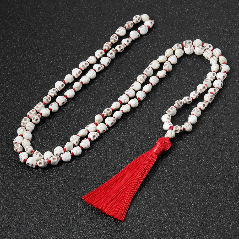 Non-Mainstream Men Sautoir Hot Lmitation Bone Skull Beaded Handmade Knot 108Mala Necklace Hip Hop Tassel Pendant Jewelry