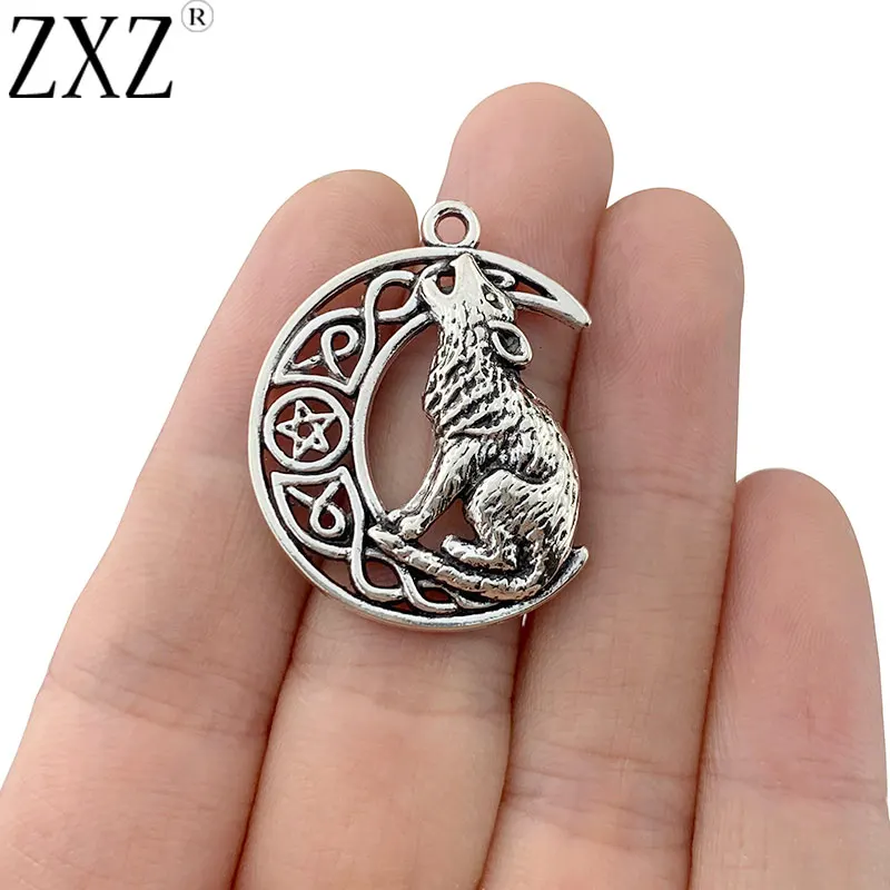 ZXZ 10pcs Tibetan Silver Celtic Knot Howling Wolf Crescent Moon Charms Pendants Pagan Wiccan for Necklace Jewelry Making 33x26mm