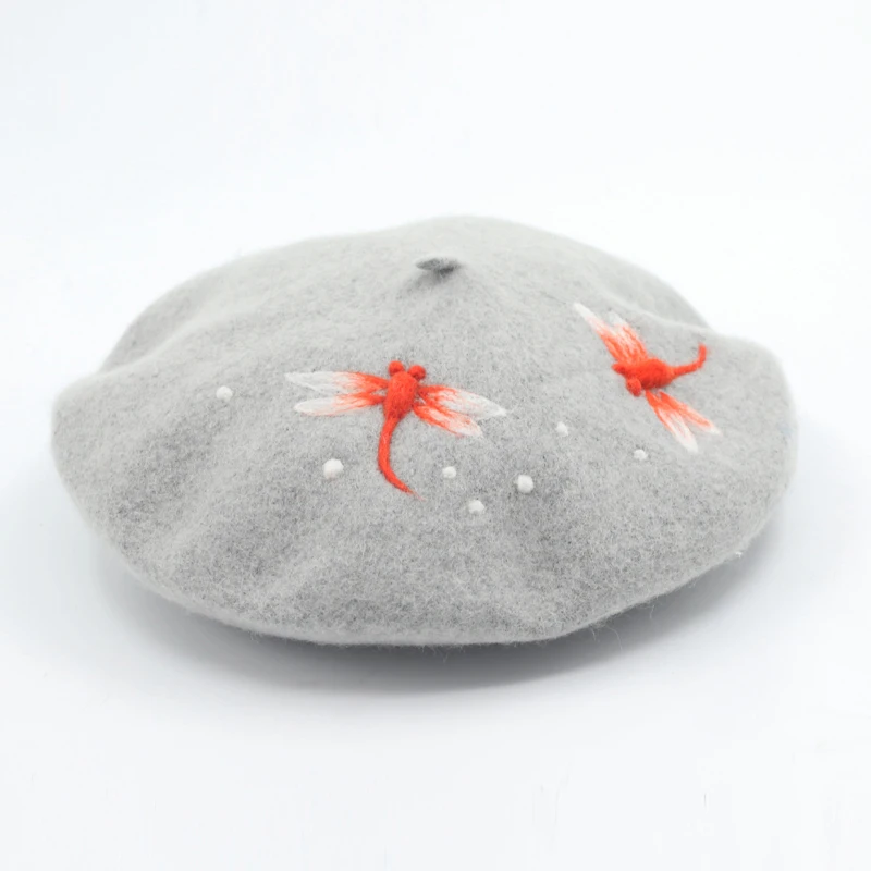 Faramita Holiday Dragonfly Handmade Women Manual Wool Felt Berets French Painting Hats Ladies Round Deret Headwear Round Cap Hat