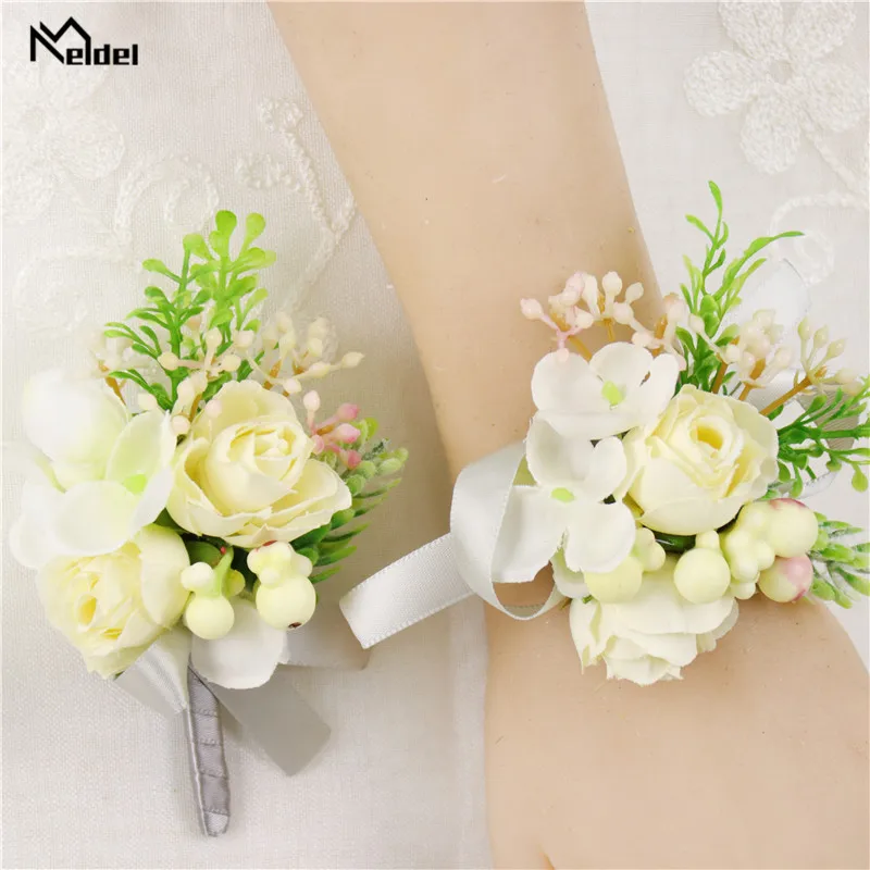 Meldel Hoa Lụa Boutonnieres Cho Phù Rể Hoa Cưới Cổ Tay Vòng Đeo Tay Cho Phù Dâu Hôn Nhân Vũ Hội Trâm Cài Áo Hai Dây Crop Chân