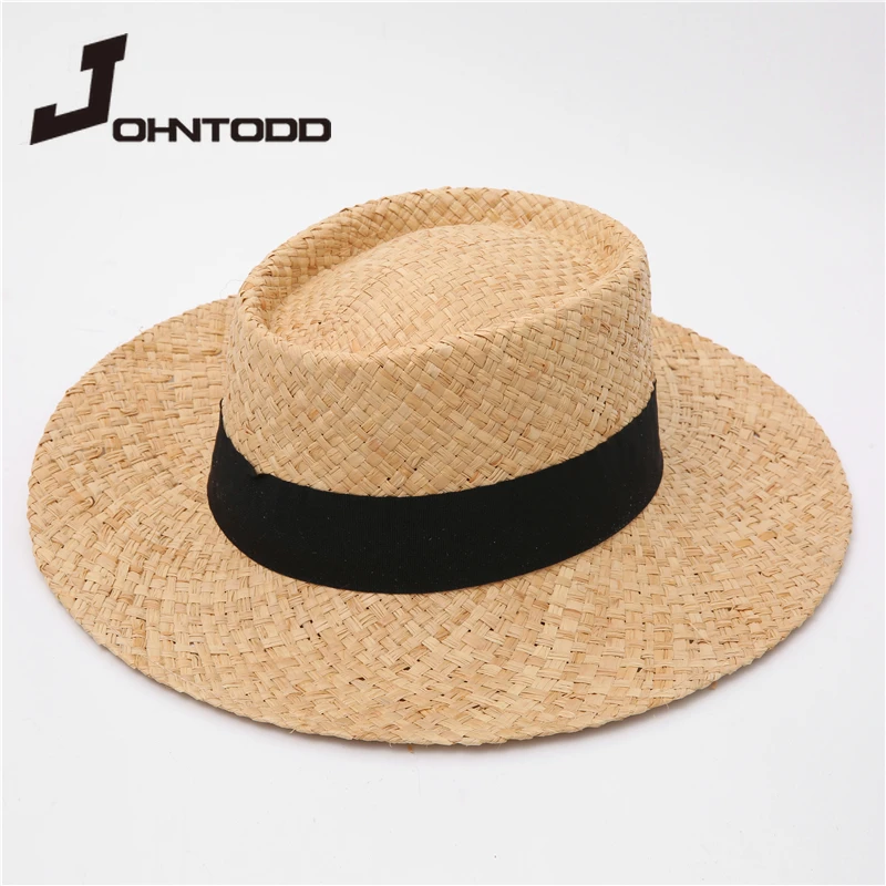 2021 Summer Women Flat Top Raffia Hat Spring Ladies Travel Caps Wide Brim Beach Men Traw Hat Breathable Panama Fedora Sun Hat