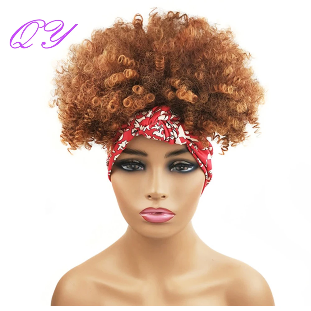 

Short Brown Bangs Headband Curly Wigs Good Quality Synthetic High Temperature Fiber Hair Red Turban For African Women Wig