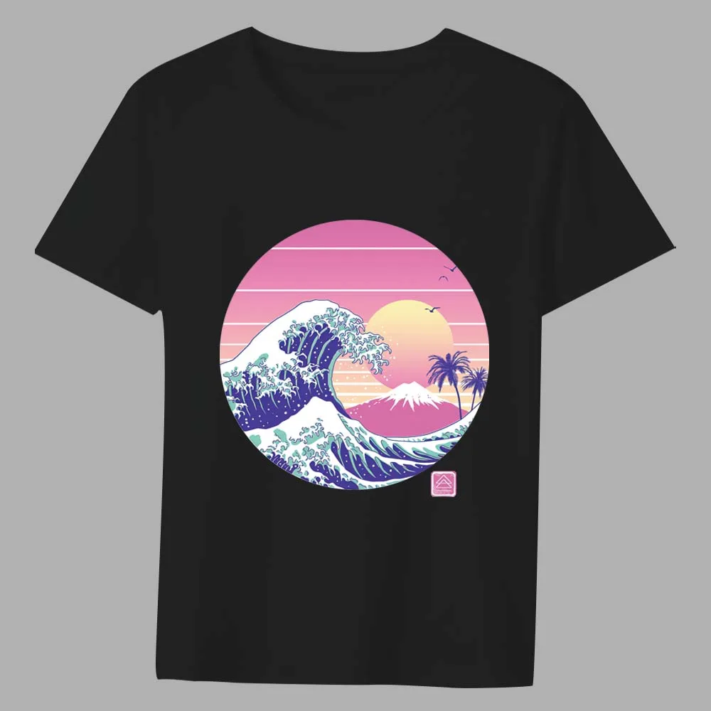 T-shirt Man's Classic Black Anime Street Sunset Wave Series Fashion Casual Simple O-neck Youth Commuter Wear Comfortable Top