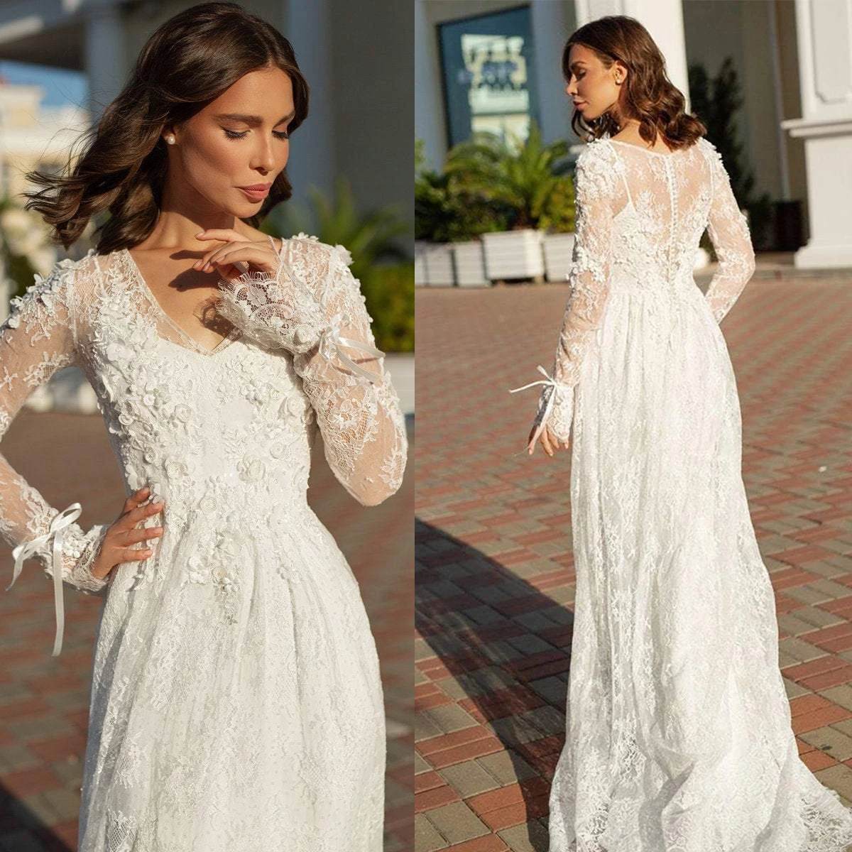 Vestidos de novia de manga larga con apliques de flores en 3D, ropa de novia romántica personalizada con cuello en V, ilusión de encaje en la espalda, línea A, con tren