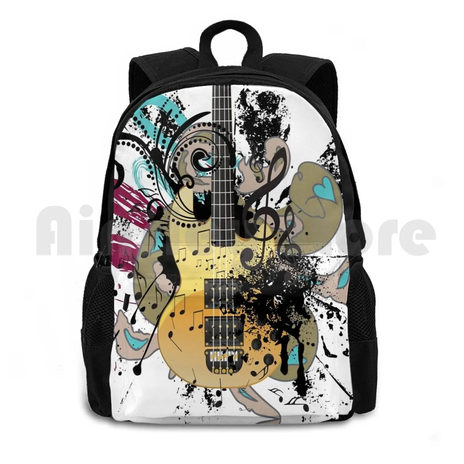 Guitar With Floral Outdoor Hiking Backpack Waterproof Camping Travel Floral Music Grunge Guitar Swirl Vector Object Abstract