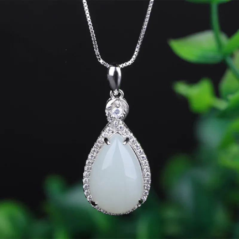 S925 Sterling Silver Inlaid Natural Hetian Jade With Certificate Simple Water Drop White Jade Pendant Jewelry