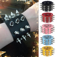 Three Row Cuspidal Spikes Rivet Stud Wide Cuff PU Leather Punk Gothic Rock Unisex Bracelet Men Jewelry Leather Bracelet