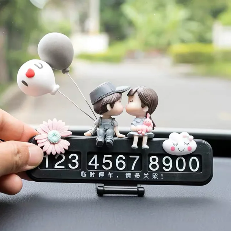 Car Temporary Parking Number Plate Decoration Cute Cartoon Couples Action Figures Ornaments Auto Accessoires Interior for Women