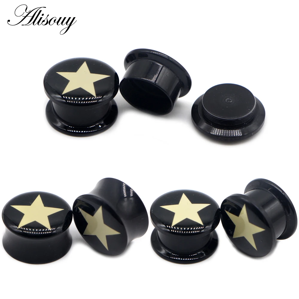 Alisouy 2pcs 4-25mm Ear Gauge Plugs Star Black Acrylic Screw Fit Flesh Tunnel Eyelet Stretchers Ear Plug Body Piercing Jewelry