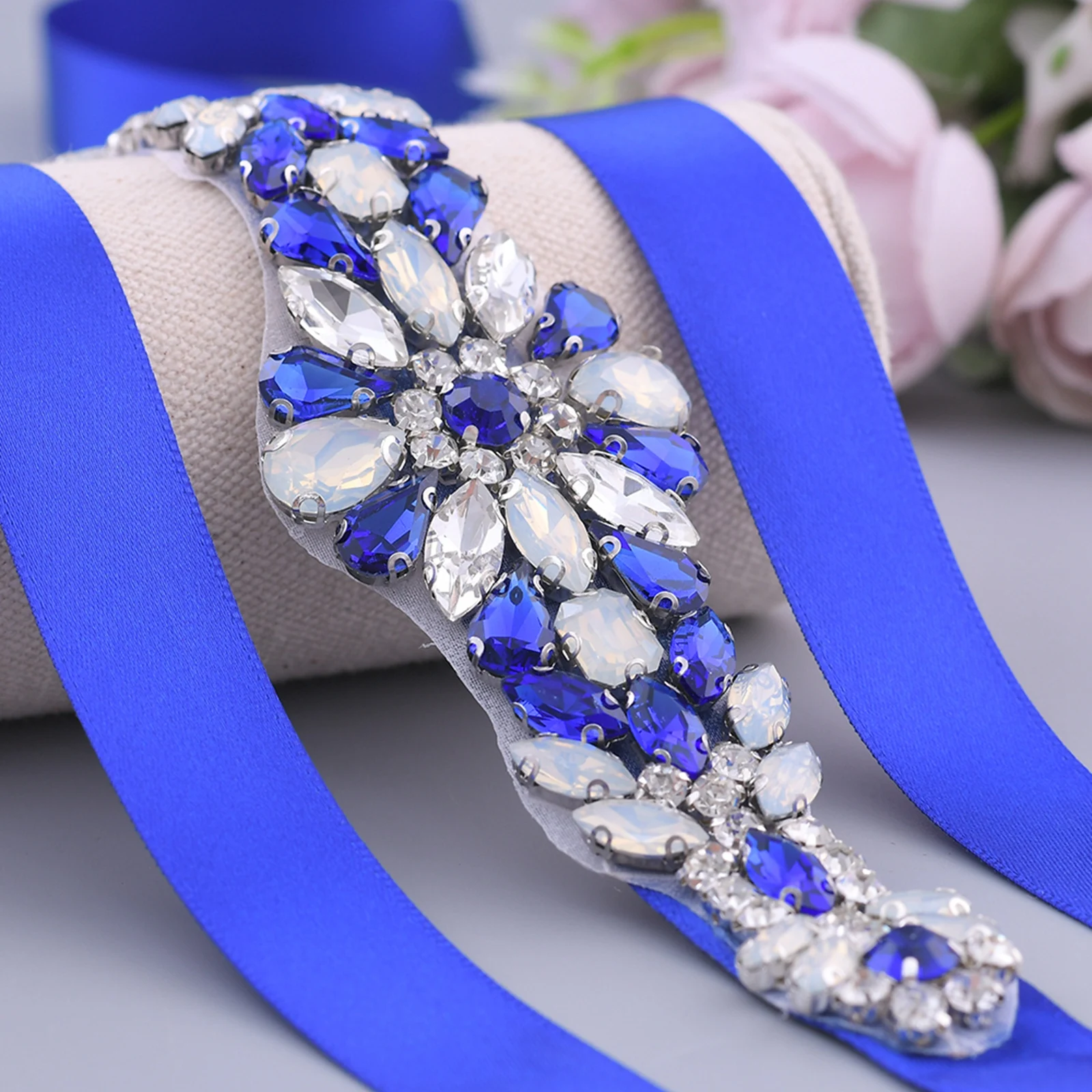 Ceinture fantaisie à strass bleu Royal pour femmes, avec paillettes bleues, accessoires pour robe de mariée, image réelle