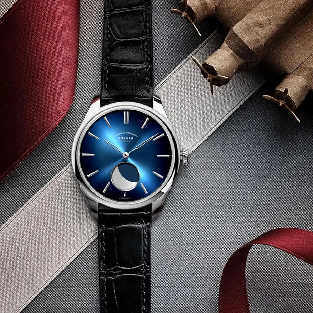 Reloj BORMAN Moonphase para hombre, relojes automáticos de lujo para hombre, relojes de pulsera mecánicos de viento automático, espejo de zafiro resistente al agua hasta 50m