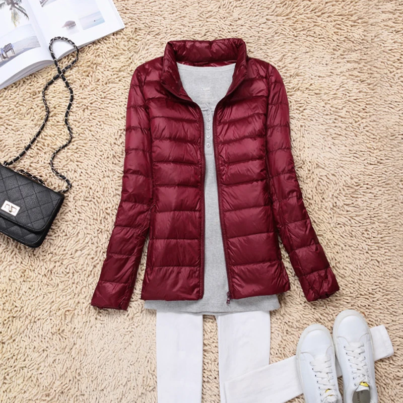 여성 90% White Duck Down Jacket 가을 여성 울트라 라이트 다운 재킷 슬림 솔리드 롱 슬리브 후드 파커 캔디 컬러