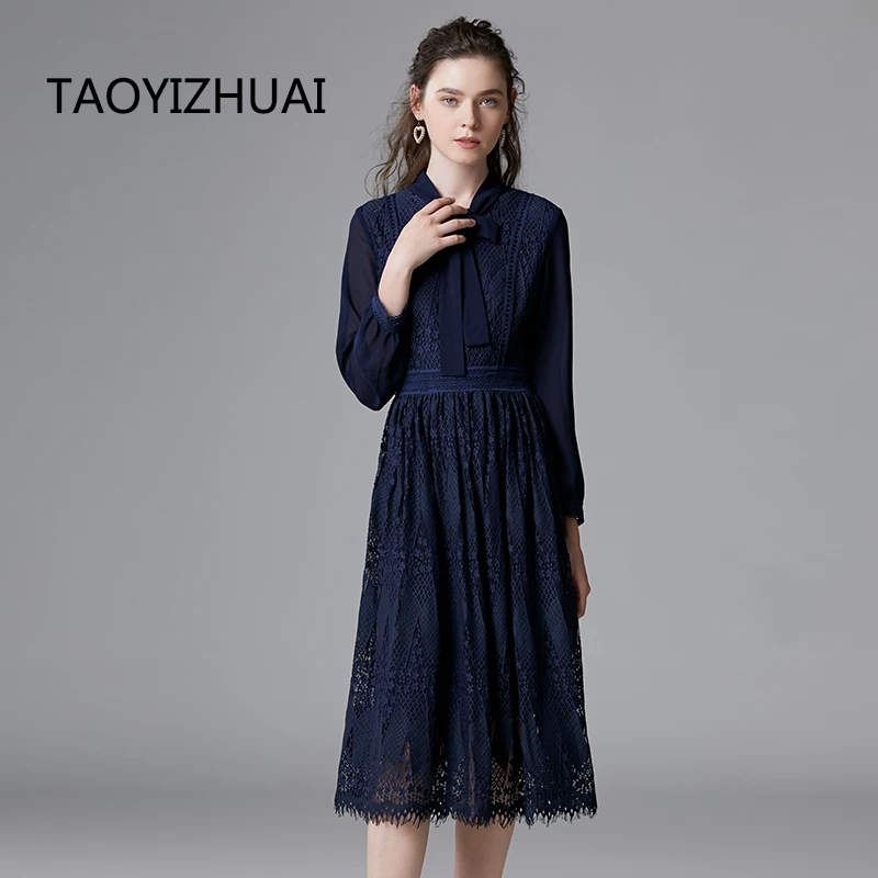

Spring and Autumn New Women's oversized dress European and American French lace ladies hollowed out long sleeve A-line skirt