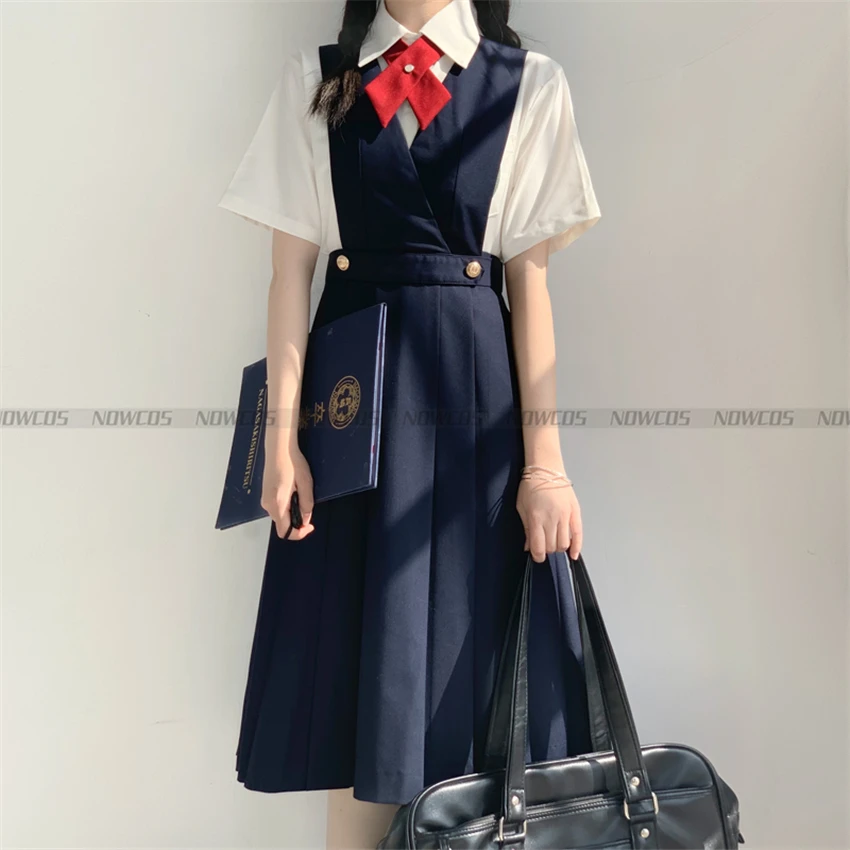 Vestido longo plissado feminino feminino de verão vestido sem mangas Pinafore JK High School Uniform Uniform Classe Estudantes