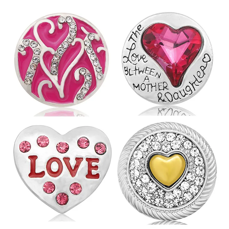 Beauty Round Rhinestone Pink hearts Love 18MM Metal snap button for DIY charm snap bracelet jewelry wholesale Valentine\'s Gift