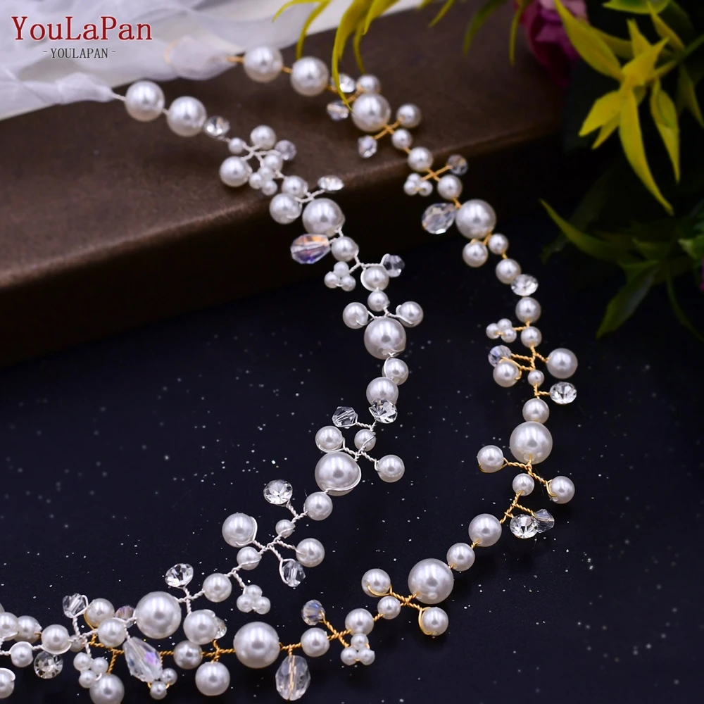 TOPQUEEN Handmade Peal Hairband Beaded Rhinestone Wedding Headband Bride Headwear Party Jewelry Wedding Accessories