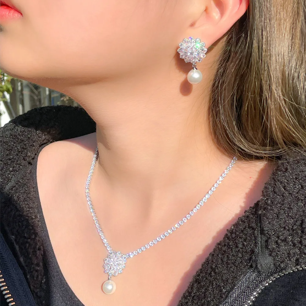 CWWZircons Gorgeous Cubic Zirconia Flower Drop Women Wedding Party Pearl Necklace Earrings Fashion Bridal Jewelry Sets Gift T603