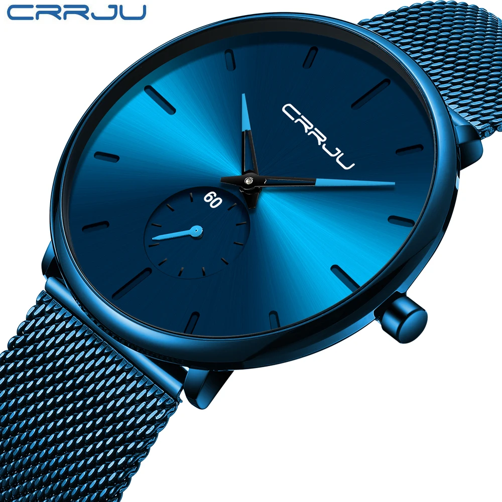 CRRJU New Watches Mens 2019 Man Fashion Simple Stainless Steel Blue Thin Watch For Men Luxury Casual Waterproof Quartz Clock