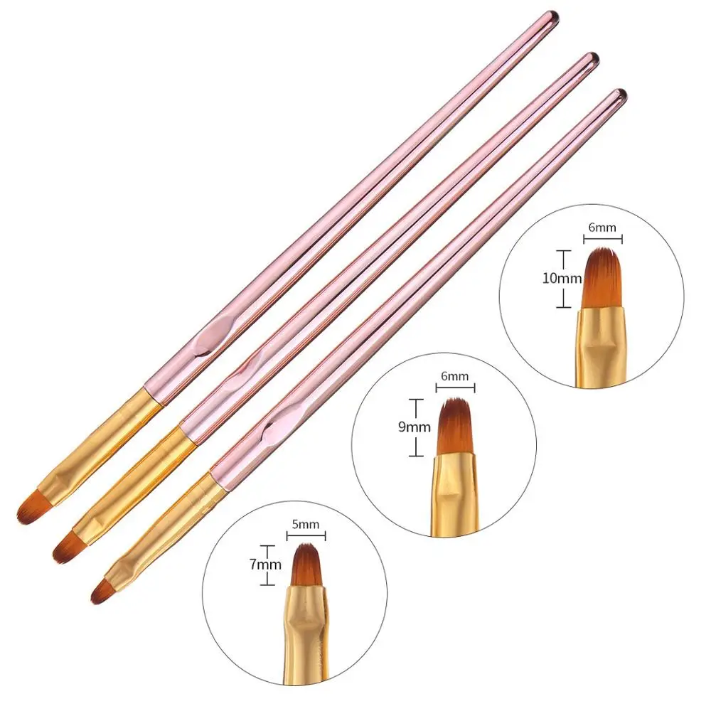 3Pcs 네일 아트 아크릴 라이너 페인팅 브러쉬 로즈 골드 핸들 라인 줄무늬 그리드 패턴 드로잉 펜 팁 매니큐어 도구 T0042