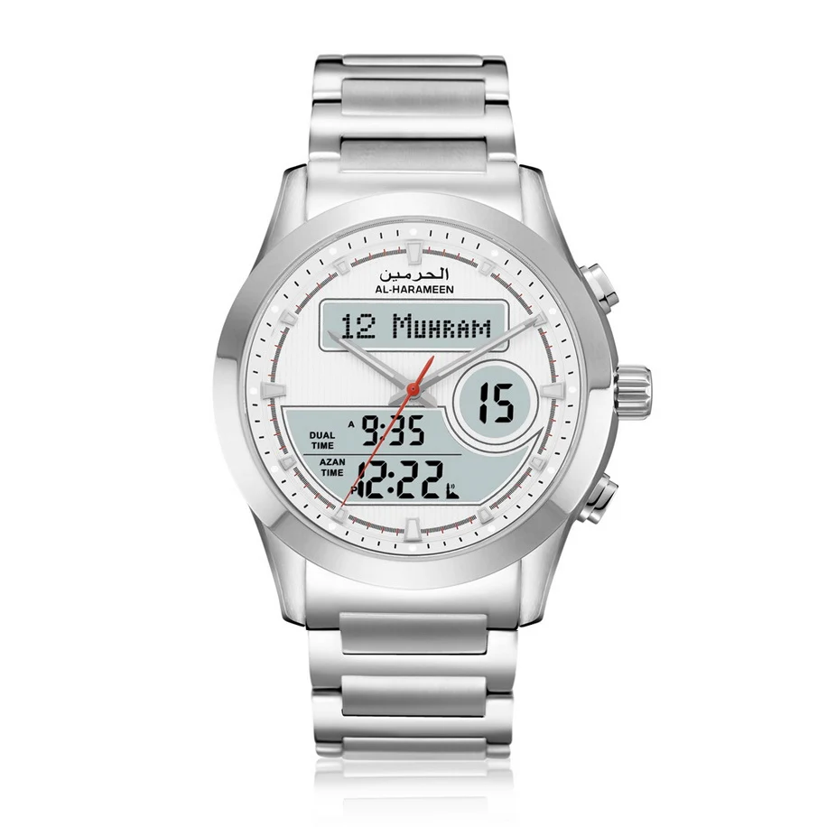 Azan Watch for Muslim Man Islamic Wrist Clock with Fajr Time Prayer Reminder Hijiri Calendar Stainless Steel Big Dual Display