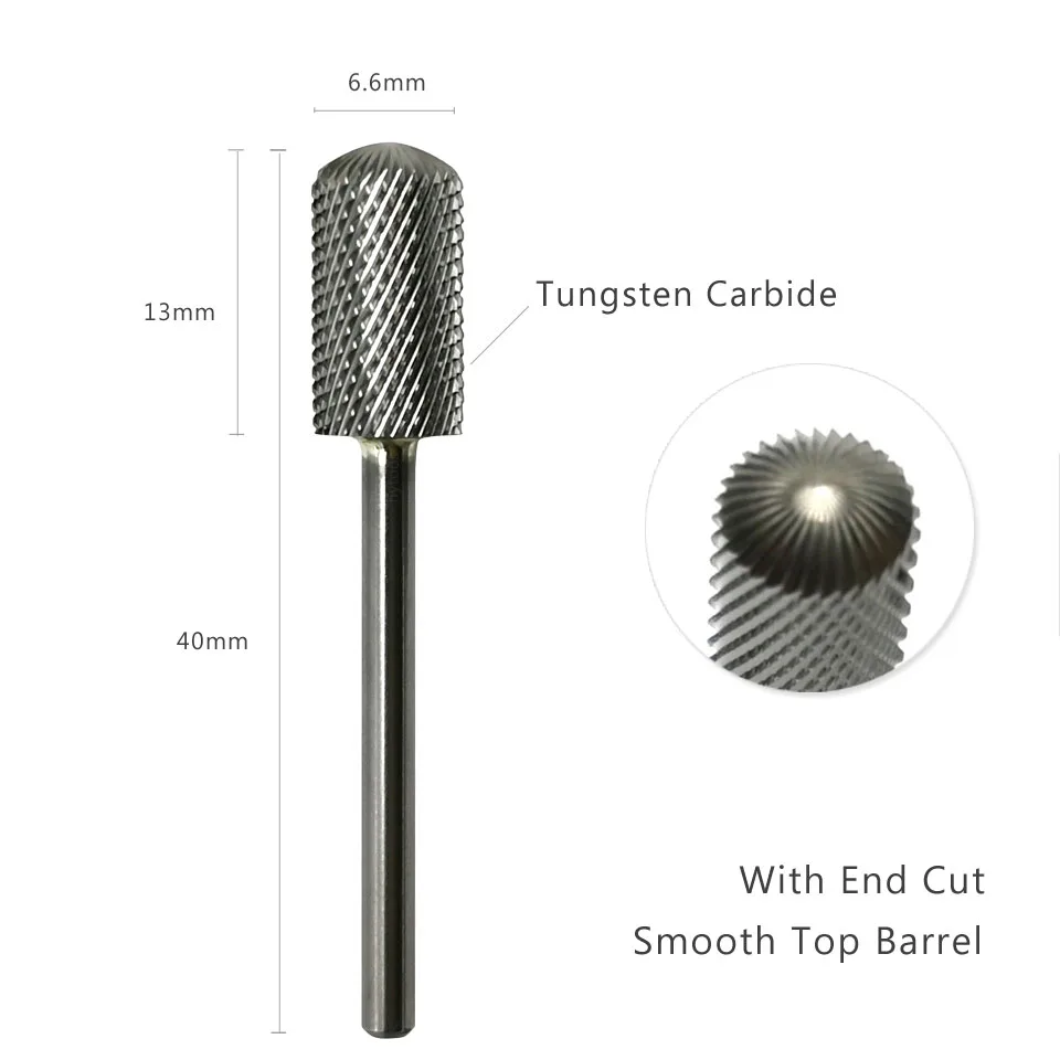 HYTOOS-broca para uñas de carburo de barril superior redondo con corte, fresa de 3/32 "para manicura, accesorios de taladro eléctrico, elimina Gel