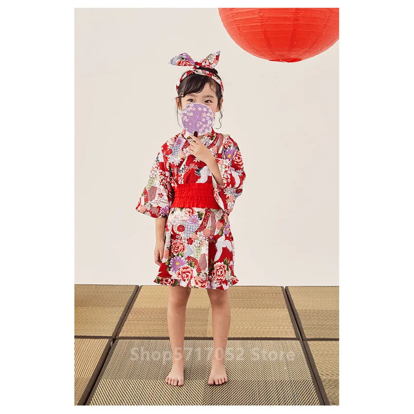 80-140CM Newborn Baby Oriental Japanese Costume Gril Sakura Kimono Dress Kids Luxury Yukata Haori Birthday Fan New Year Clothes