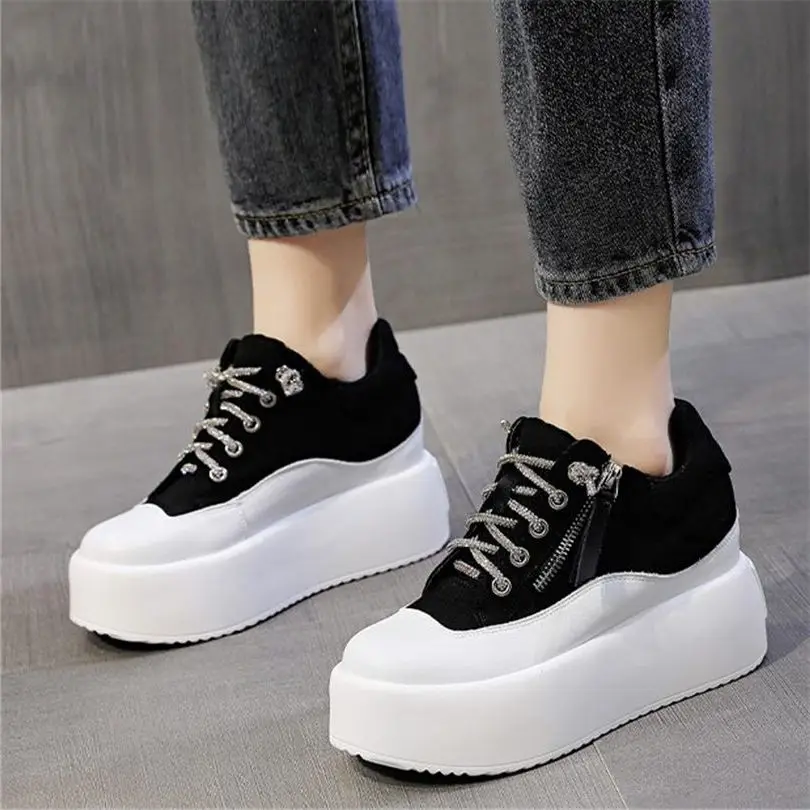 Punk Goth Oxfords Women's Cow Leather Ankle Boots Platform Wedge Zip Fashion Sneakers Round Toe Military Oxfords High Heels