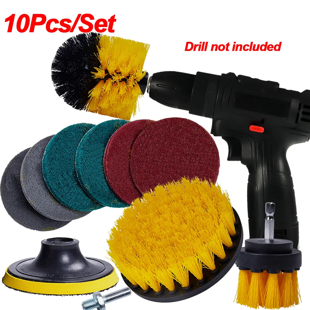 10Pcs/Set Electric Drill Brushes Polish Pad Brush For Screwdriver Car Tire Wheel Rim Cleaning Brush Set Car Cleaning Tools