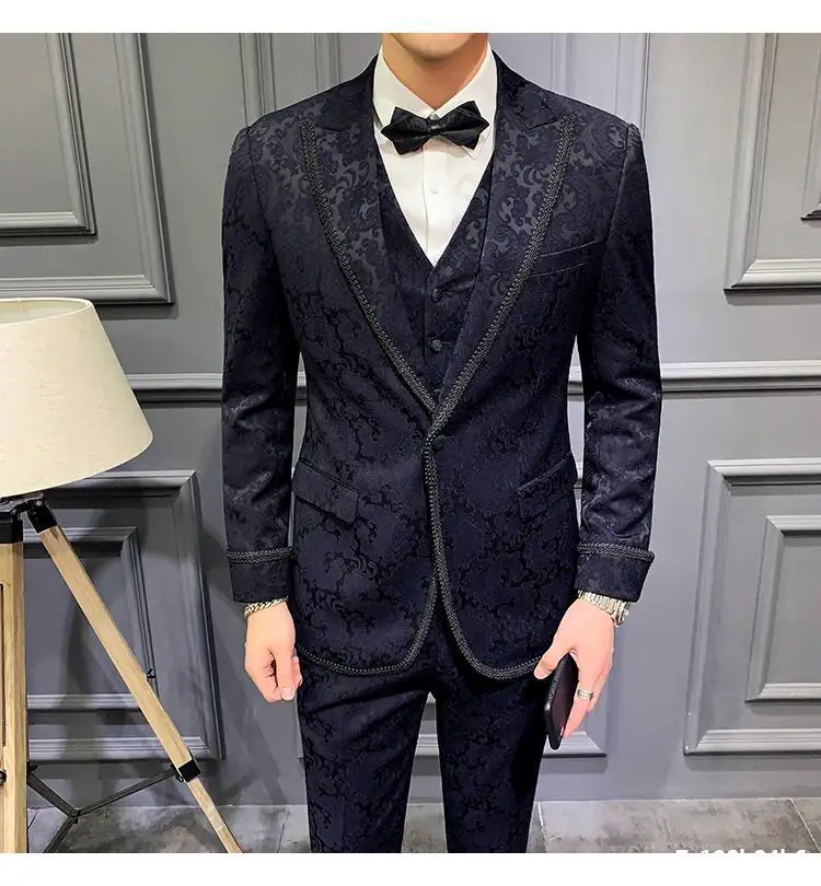 Traje de Jacquard azul marino para hombre, traje de corte entallado, esmoquin para novio, traje de boda, traje Masculino de 3 piezas, Blazer de fiesta